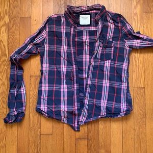 Navy blue with purple & pink plaid shirt